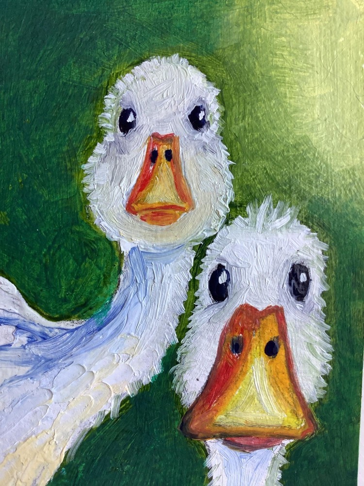 ACEO Original Painting Whimsical Geese Ducks Art Miniature OOAK Farmhouse