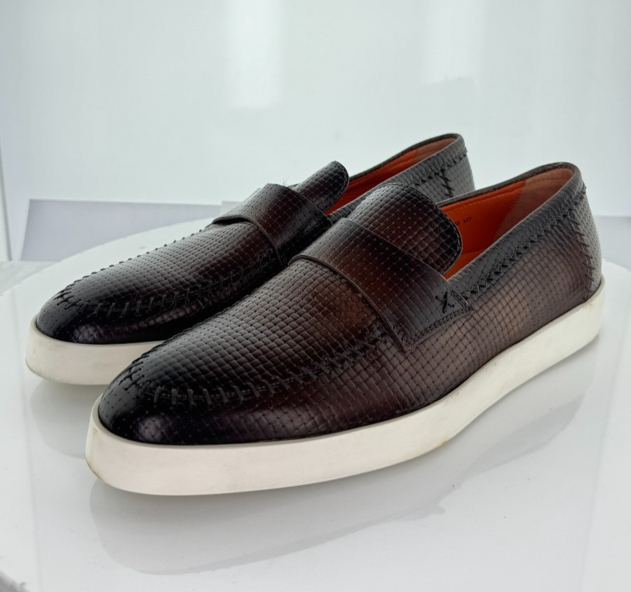 A7 $730 Men's Sz 10 M Santoni Dowdy Textured Leather Penny Loafer In Dark Brown