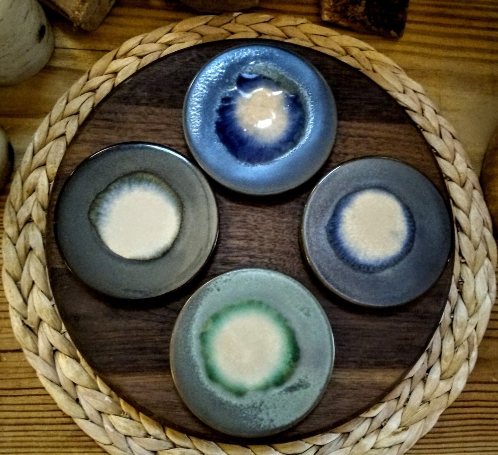Art Pottery Crackle Drip Glaze Ocean Artist Crafted Coasters Set Of 4