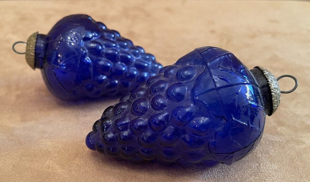 Antique 4.75-inch asymmetrical cobalt blue glass grape cluster kugel ornament with hooks