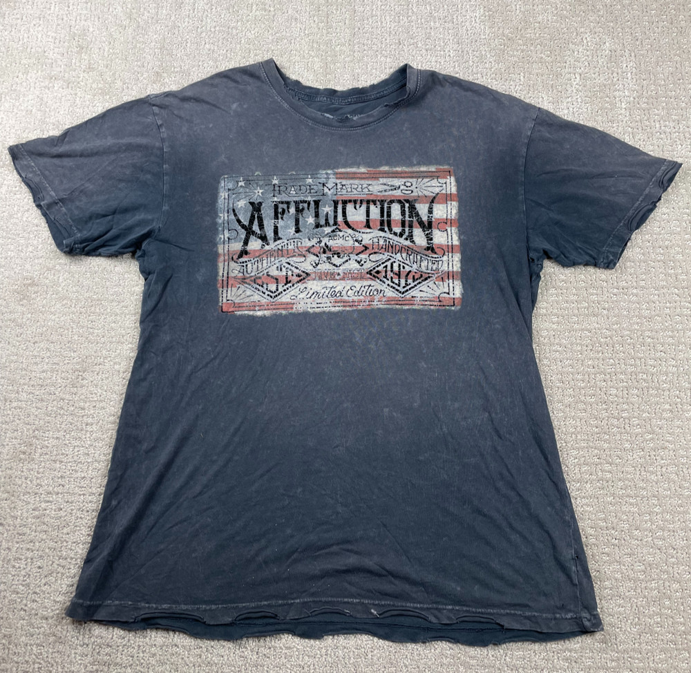 Affliction T Shirt Mens XL Black Flocked American Flag Limited Edition USA Made
