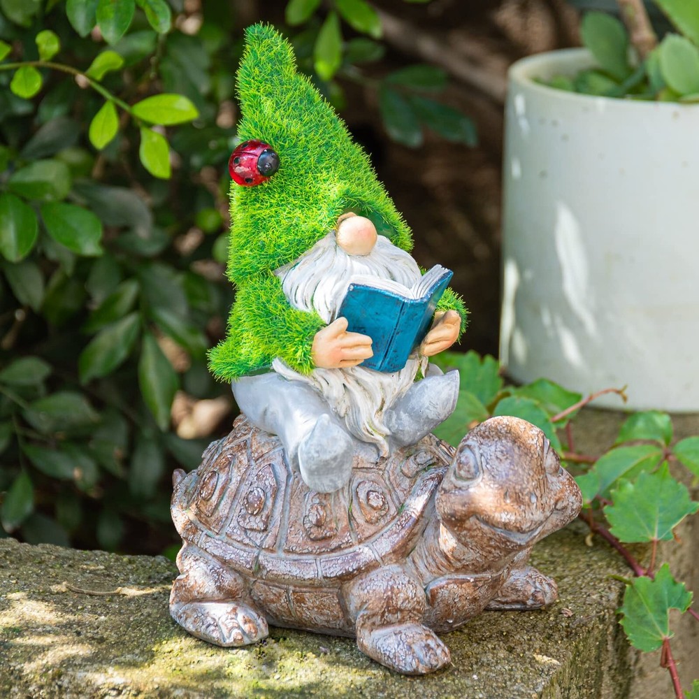 Garden Gnome Sitting on Turtle Outdoor Statues and Sculpture with Solar Light...