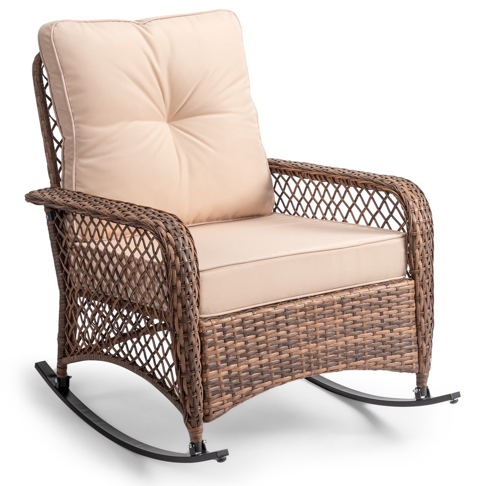 Wicker Patio Rattan All-Weather Rocking Chair w/ Cushions, In/Outdoor Garden