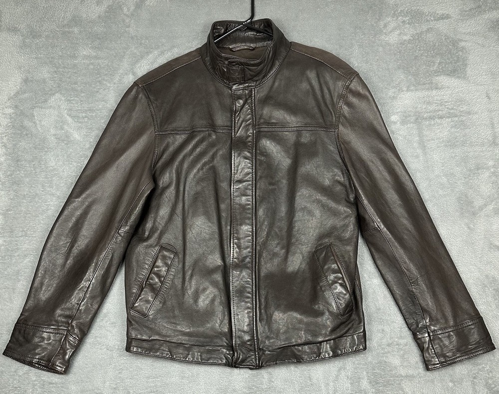 Merona Jacket Mens Medium Dark Brown 100% Leather Full Zip Soft Pkts Motorcycle