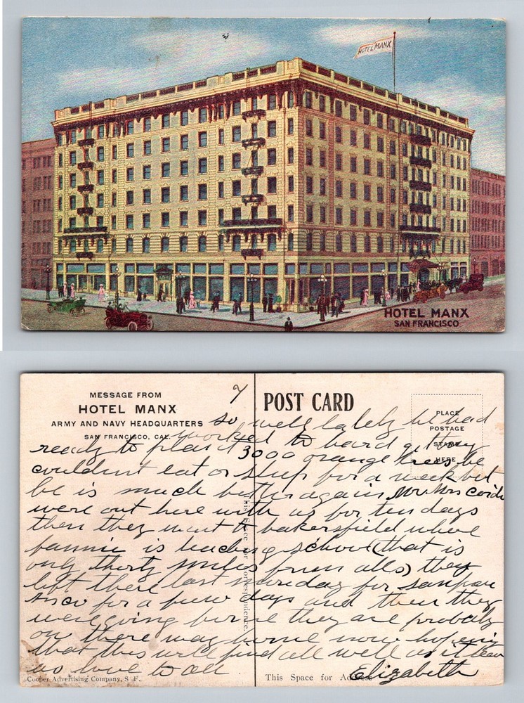 San Francisco CA-California, Hotel Manx Street Scene, Vintage Postcard
