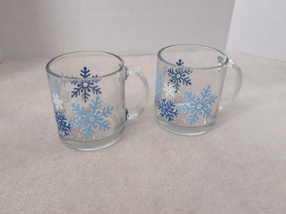 2 Vintage Libbey Glass Clearly  Winter Blue White Snowflakes Coffee Tea Mugs