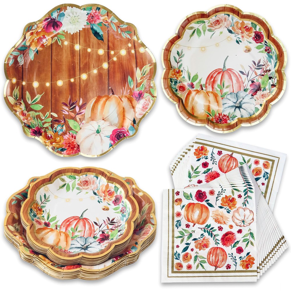 62-Piece Fall Thanksgiving Tableware Set with 16 Heavy Duty 7 & 9 Inch Plates for Parties  