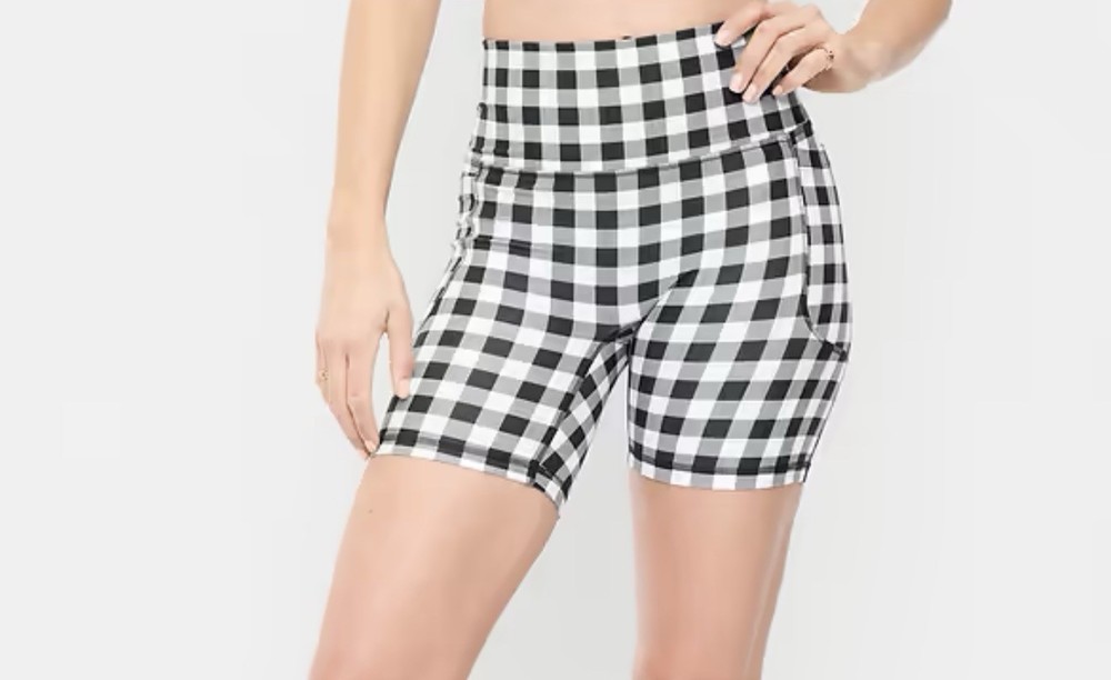 Women’s Black White Gingham Biker Shorts Stretch Pockets Pull On Gym L