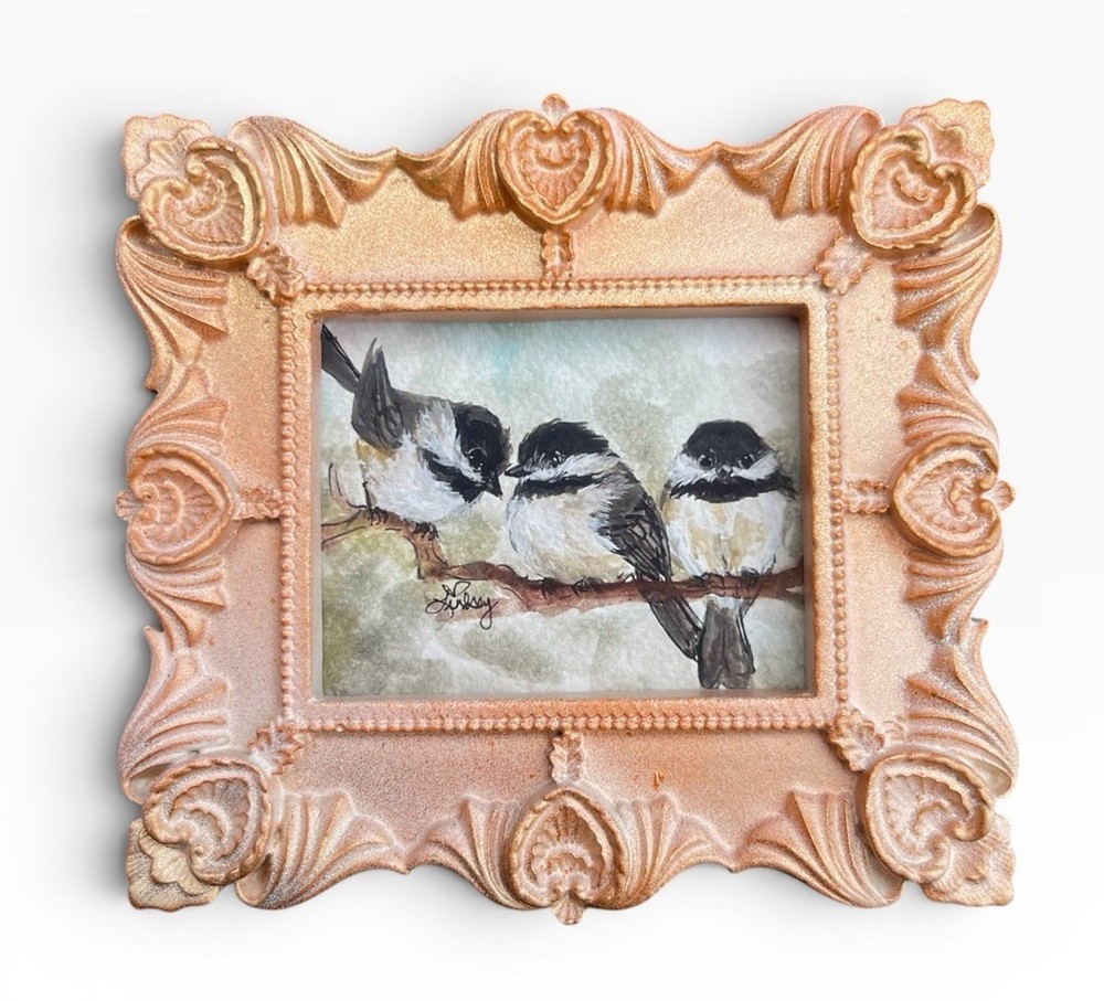 “Chickadee Party of Three” mini watercolor bird print • vintage ornate frame