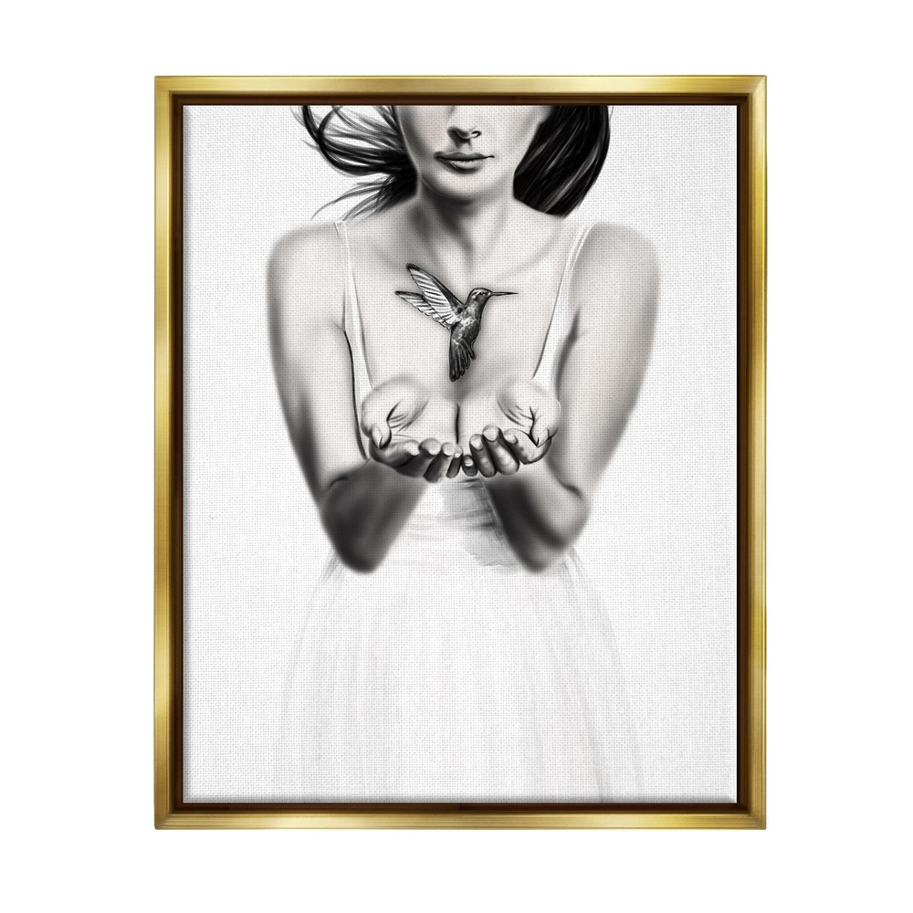 Girl with Hummingbird Gold Framed Floater Canvas Wall Art Design by Ros Ruseva