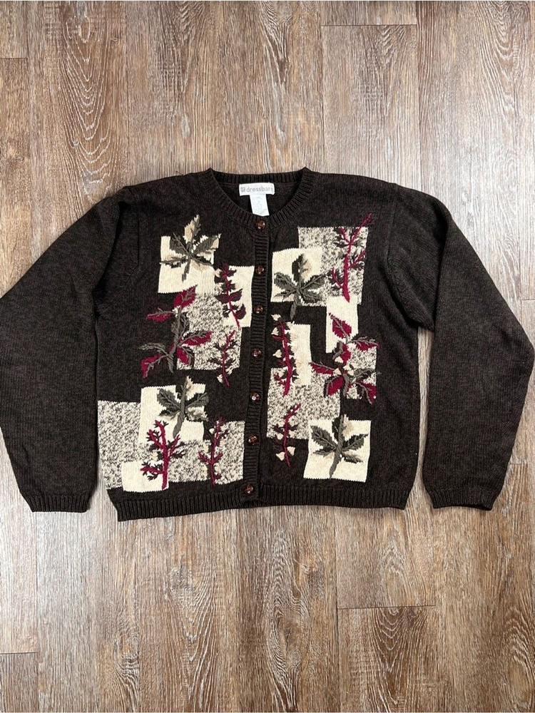 VTG Dressbarn Brown Autumn Leaf Embroidered Cardigan Sweater | Size: M