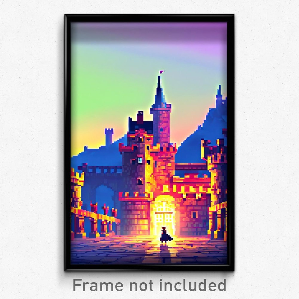 8 Bit Pixel Art Poster of Zealous Castle Psychedelic Trippy Video Game Print