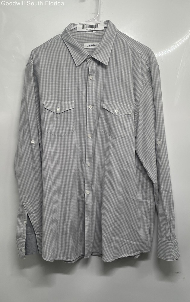 Calvin Klein Mens Gray Plaid Print Long Sleeve Collared Button-Up Shirt Size L