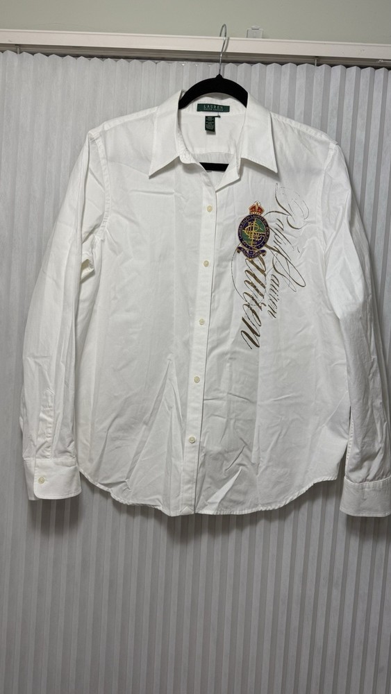 Ralph Lauren Big Crest Shirt Blouse Womens XL White Long Sleeve Poplin Button Up