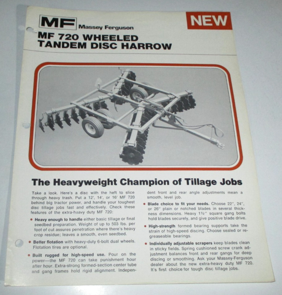 Massey Ferguson MF 720 Wheeled Tandem Disc Harrow Sales Brochure Literature 1974