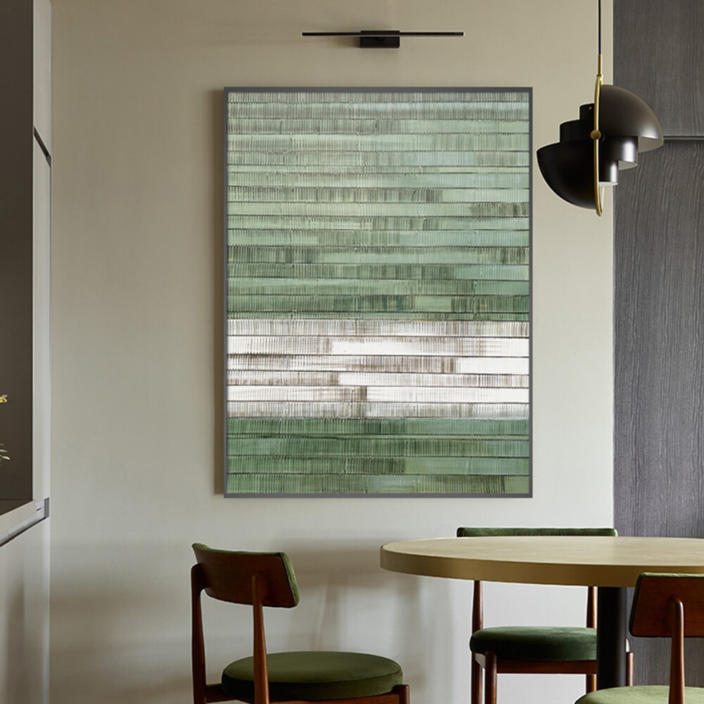 Frameless Abstract Oil Painting With Green And White Stripes Modern Wall Art-image