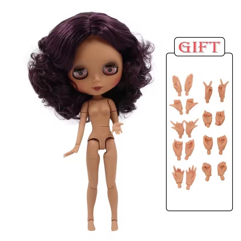 Neo Blythe Doll with Deep Purple Hair Jointed Dark Skin Nude Body Gift Toy Puppet