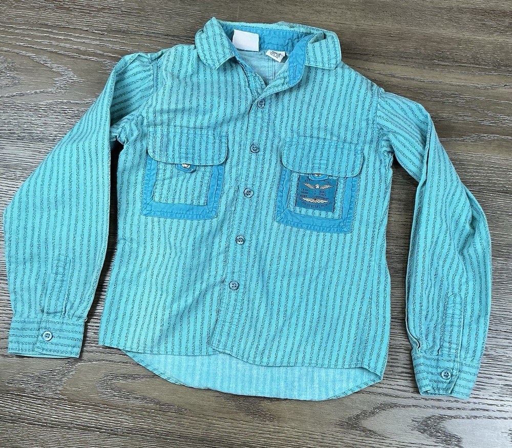 Tuff Gear Vtg 80s Teal Green Boys Western Long Sleeve Work Button Shirt Size 6
