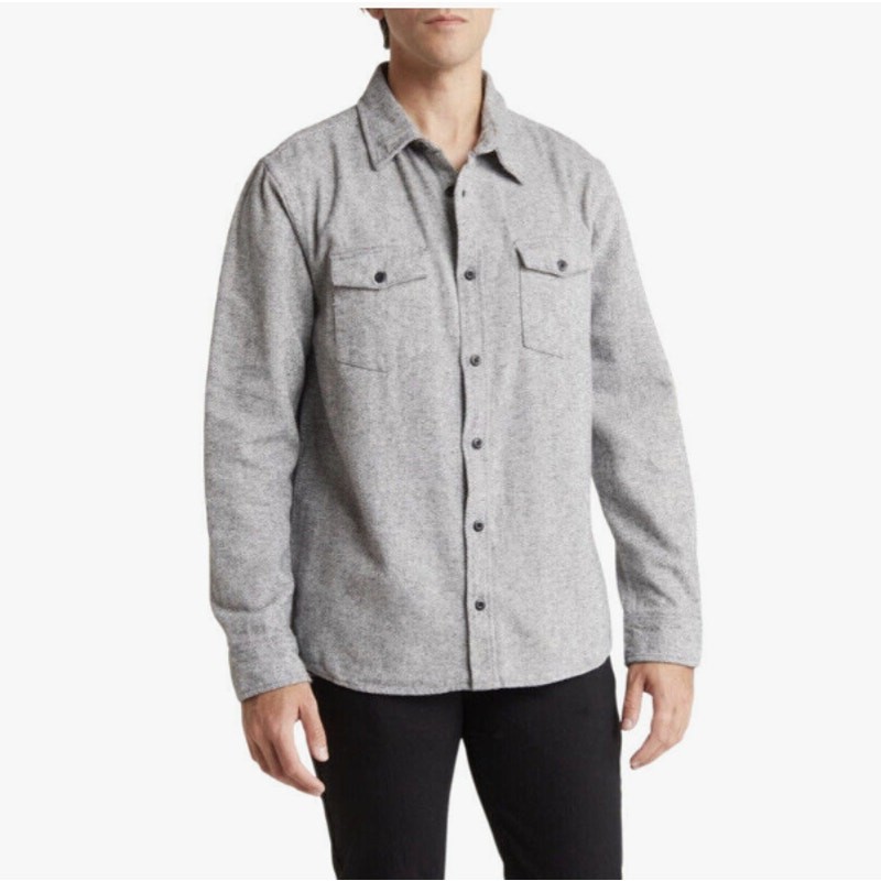 Men's Grey Twill Cotton Flannel Shacket - Size L - Quiet Luxury Style