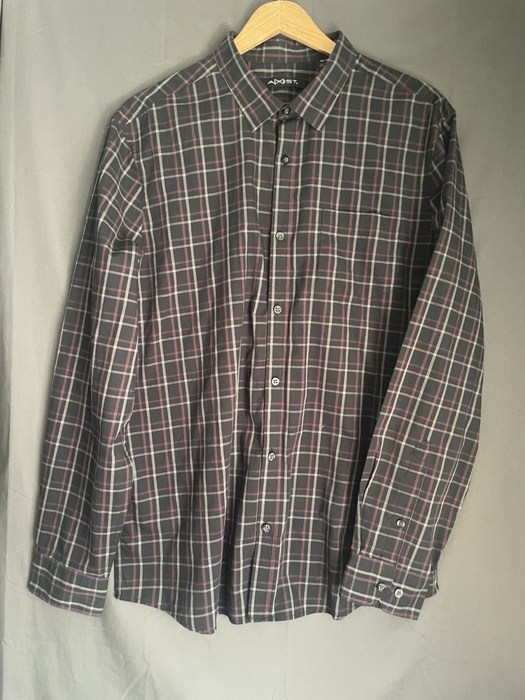 AXIST Modern Fit Long Sleeve Button Up Shirt Plaid Black Gray Red Men's XL