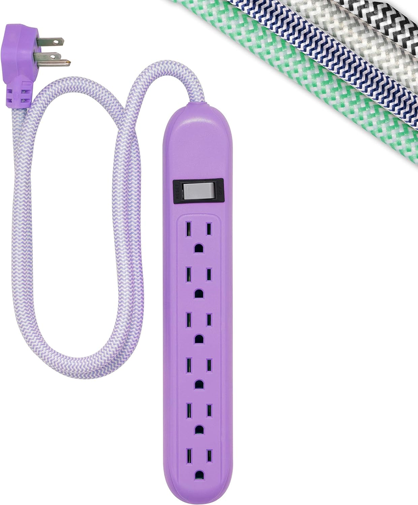 6-Outlet Surge Protector, Power Strip, Flat Plug, Braided Cord, Decorative, 3 Ft