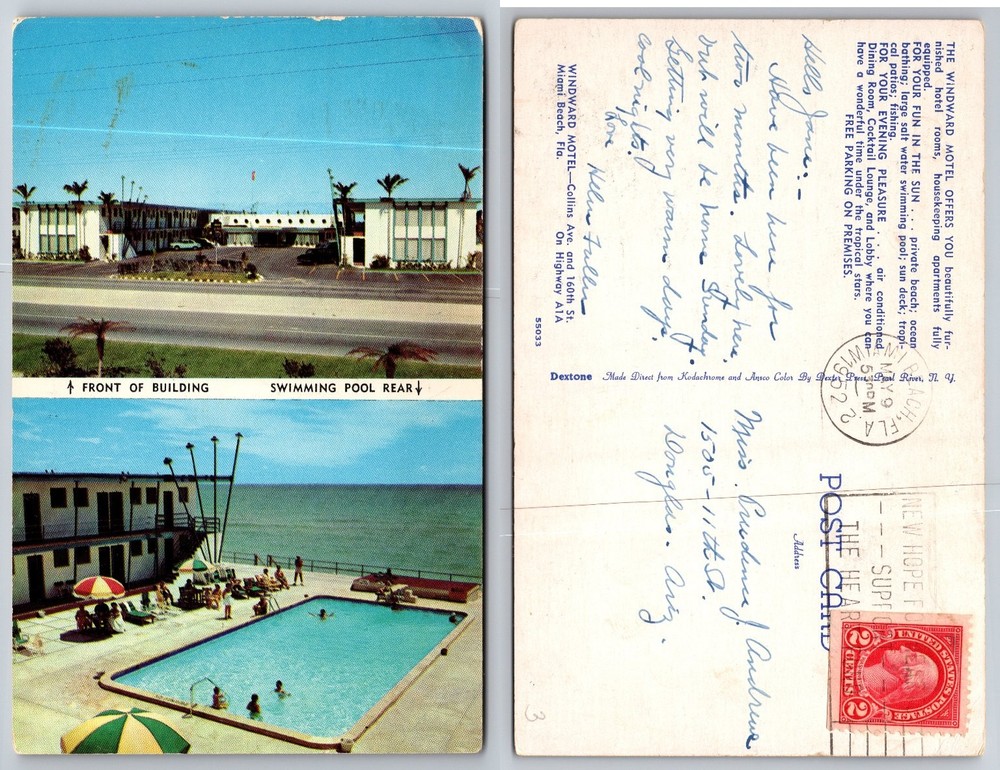 Vintage Miami Beach Windward Motel Postcard 1952 Pool Ocean View