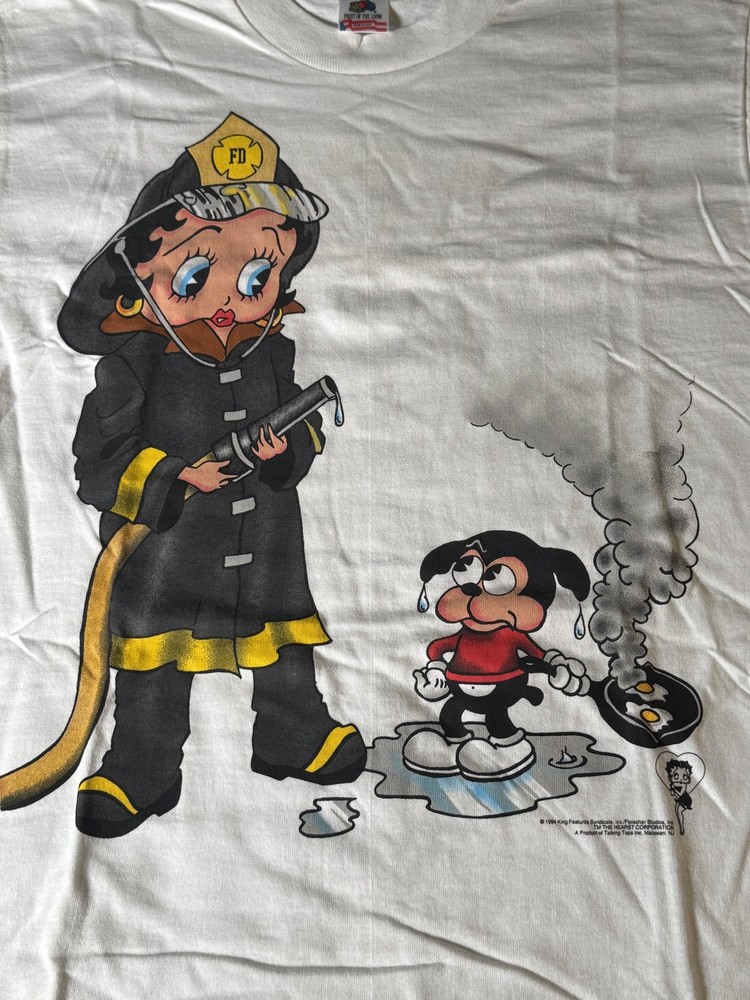 Vintage Betty Boop Shirt Mens Medium White Fruit Of The Loom Firefighter 90s