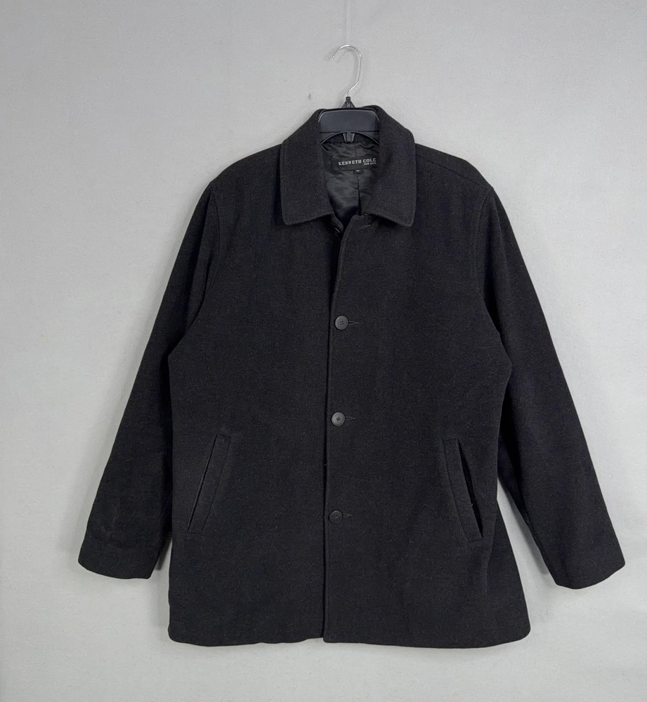 Kenneth Cole Coat Mens XL Black Wool Overcoat Button Front Lined Classic Winter