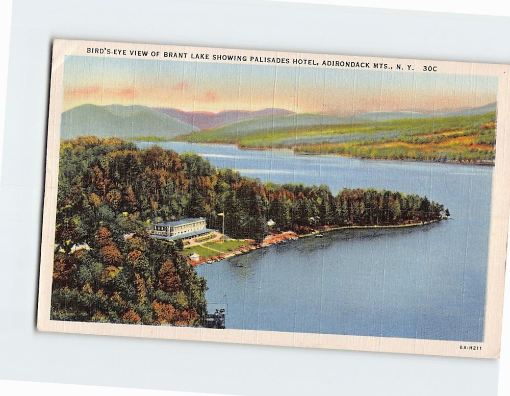 Postcard Aerial View Brant Lake Palisades Hotel Adirondack Mountains New York