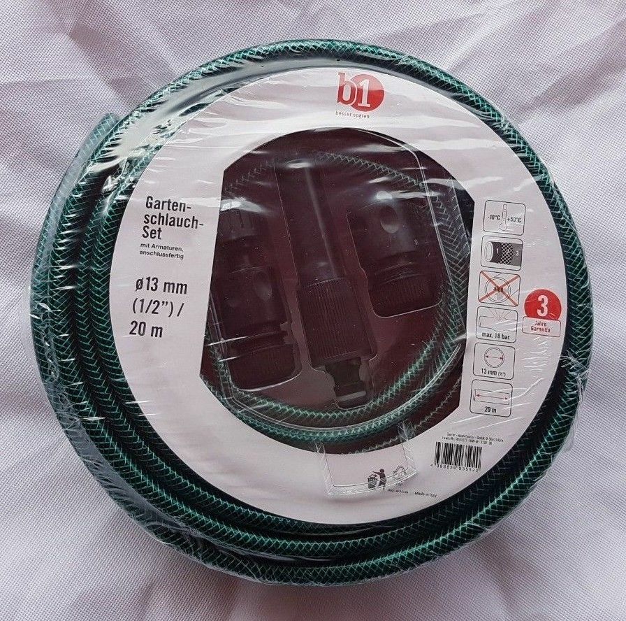 B1 20m Garden Hose Set Green Spray Nozzle Fittings Ready to Connect ∅ 13mm 1/2
