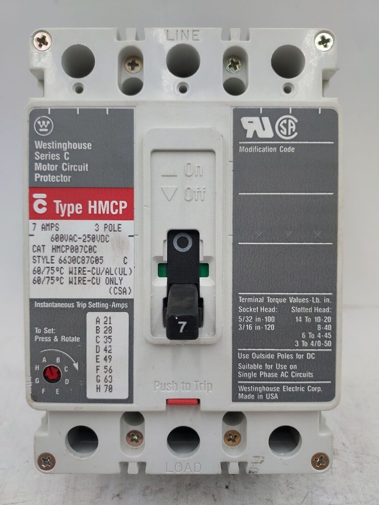 Eaton HMCP007C0C Circuit Breaker 7A 3P 600V 7 Amp HMCP 3 POLE Bolt On