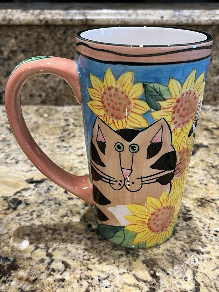 Vintage Candace Reiter Catzilia Tall Coffee Mug Sunflowers Cute Silly Cats