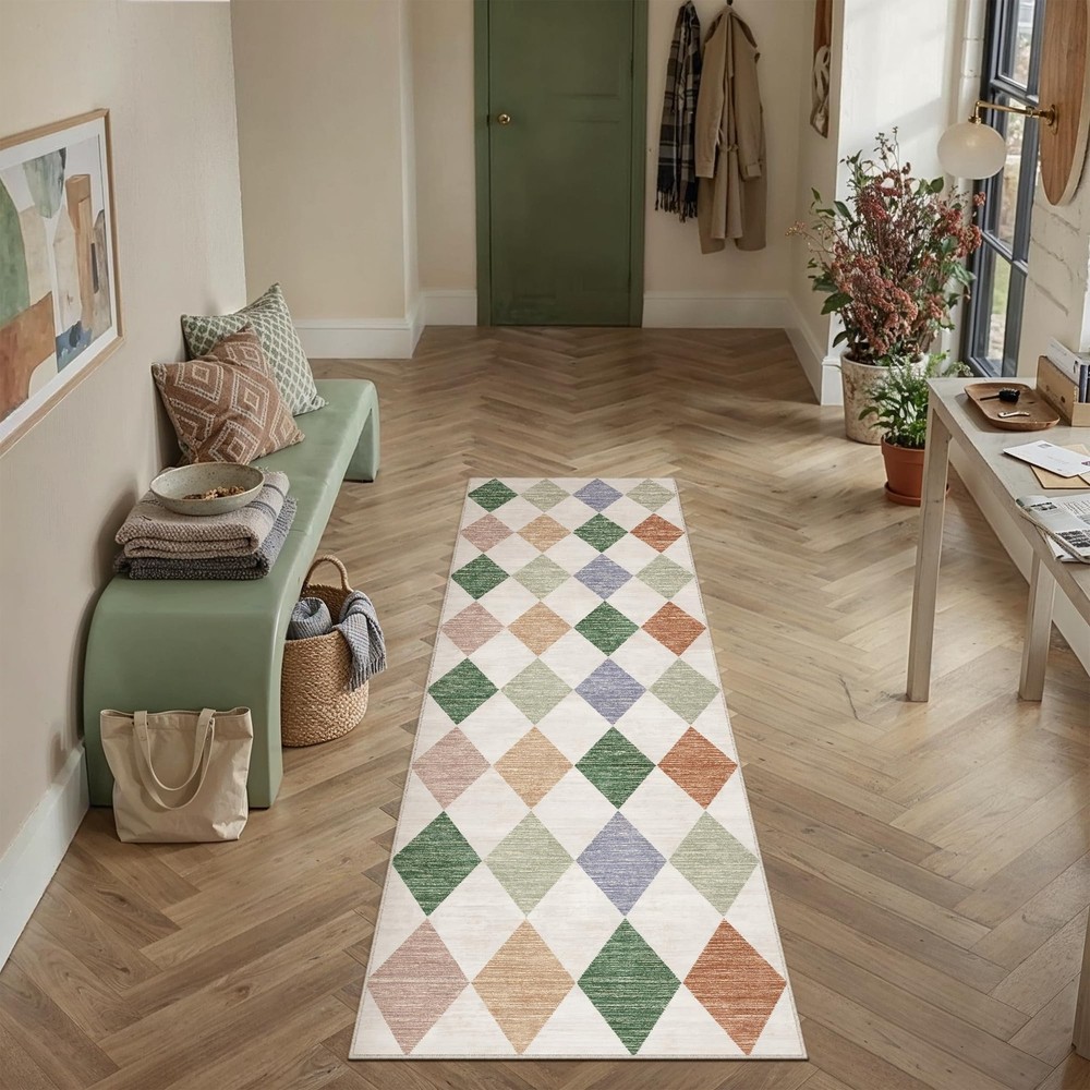 2x6 Checkered Washable Runner Rug for Living Room Bedroom Colorful Soft Moder...