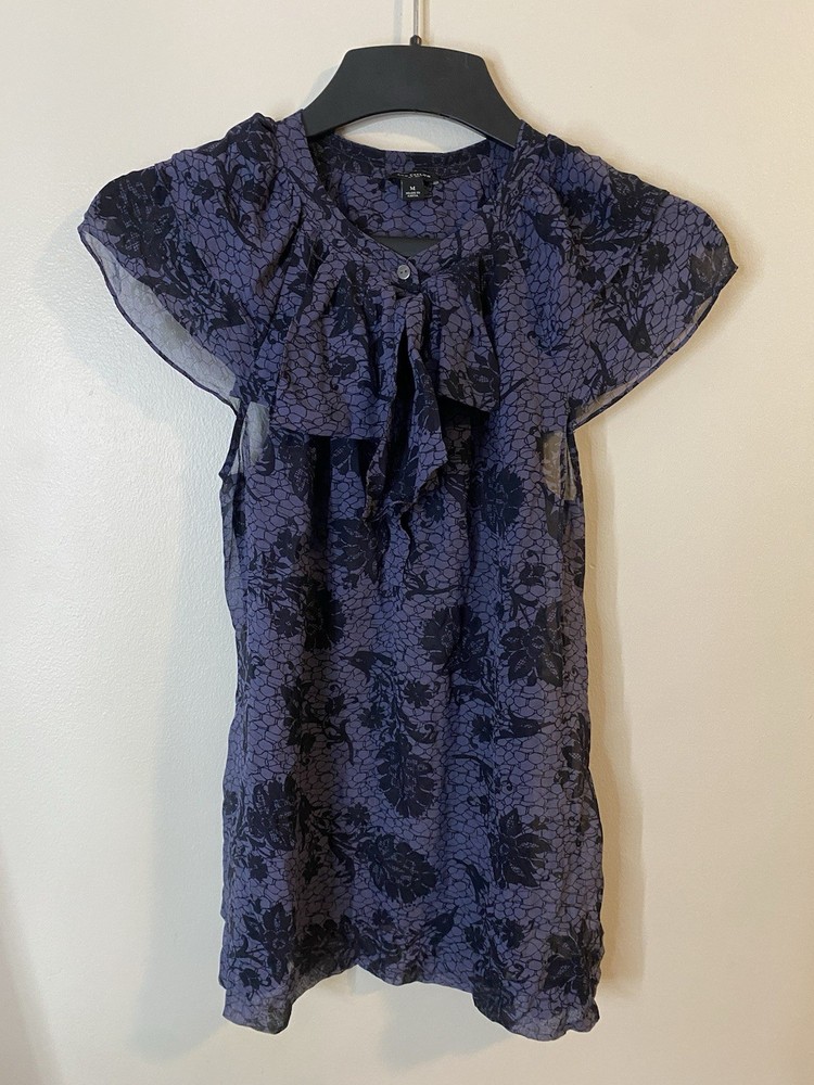 Ann Taylor Purple Floral Silk Ruffle Sheer Sleeveless Dress Size Medium