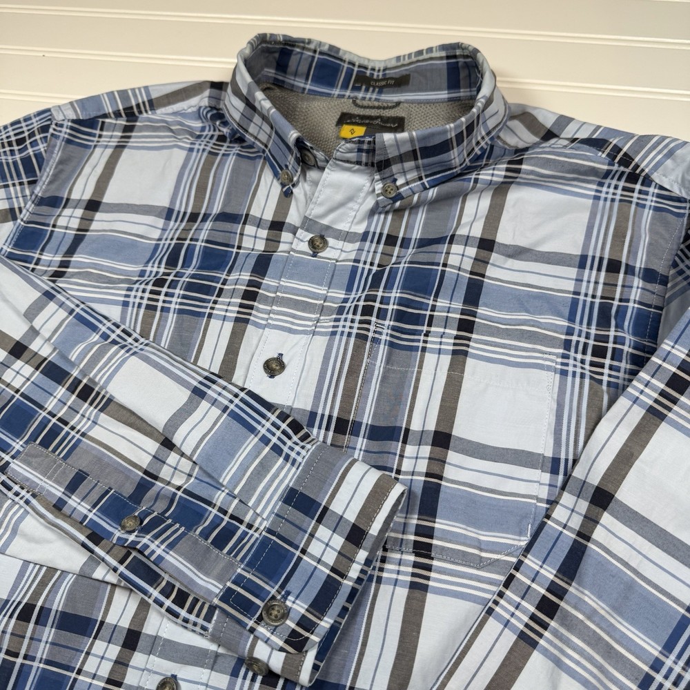 Eddie Bauer Travex L/S Classic Fit Button Up Shirt Men’s Large Blue Plaid GUC