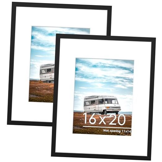 Picture Frame Set of 2, Display Pictures 11 x 14 with Mat or 16 x 16x20 Black