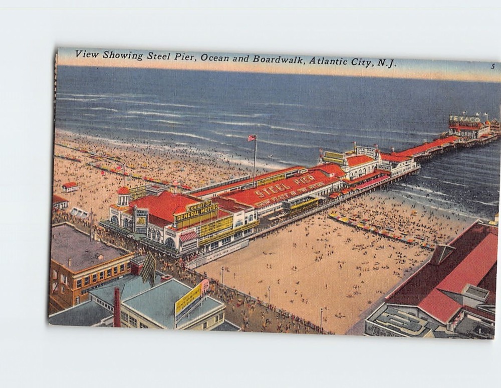 Postcard View Showing Steel Pier Ocean and Boardwalk Atlantic City NJ USA