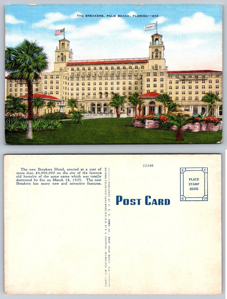 The Breakers Hotel Palm Beach Florida Vintage Natural Color Linen Postcard KROY