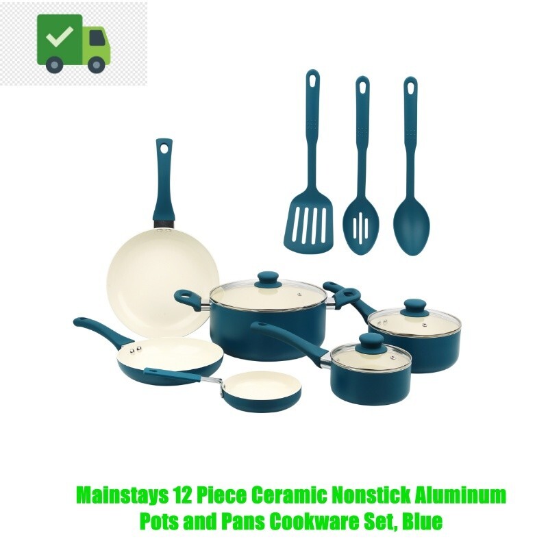 Mainstays 12-Piece Blue Ceramic Nonstick Cookware Set with Aluminum Pots and Pans