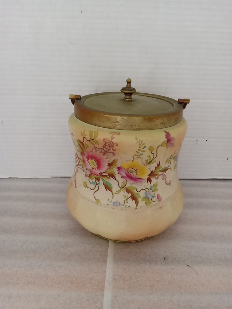 Beautiful English Victorian Porcelain Biscuit Jar With Lid. EPNS signed On Lid.