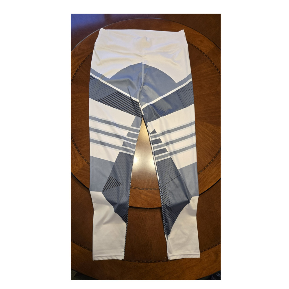 Luxtrada Women's White Blue Gray Geometric Ankle Leggings Stretch Size L
