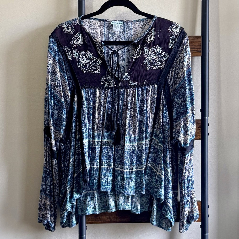 Nostalgia Blue Boho Peasant Blouse L Tassel Tie Neck Lace Trim Geometric Top