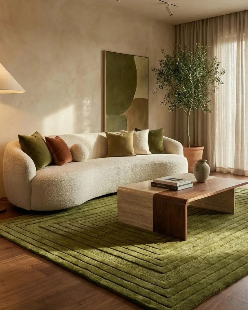 Olive Green Hand Tufted Rug Bordered pattern, Handmade Wool Rug, Contemporary