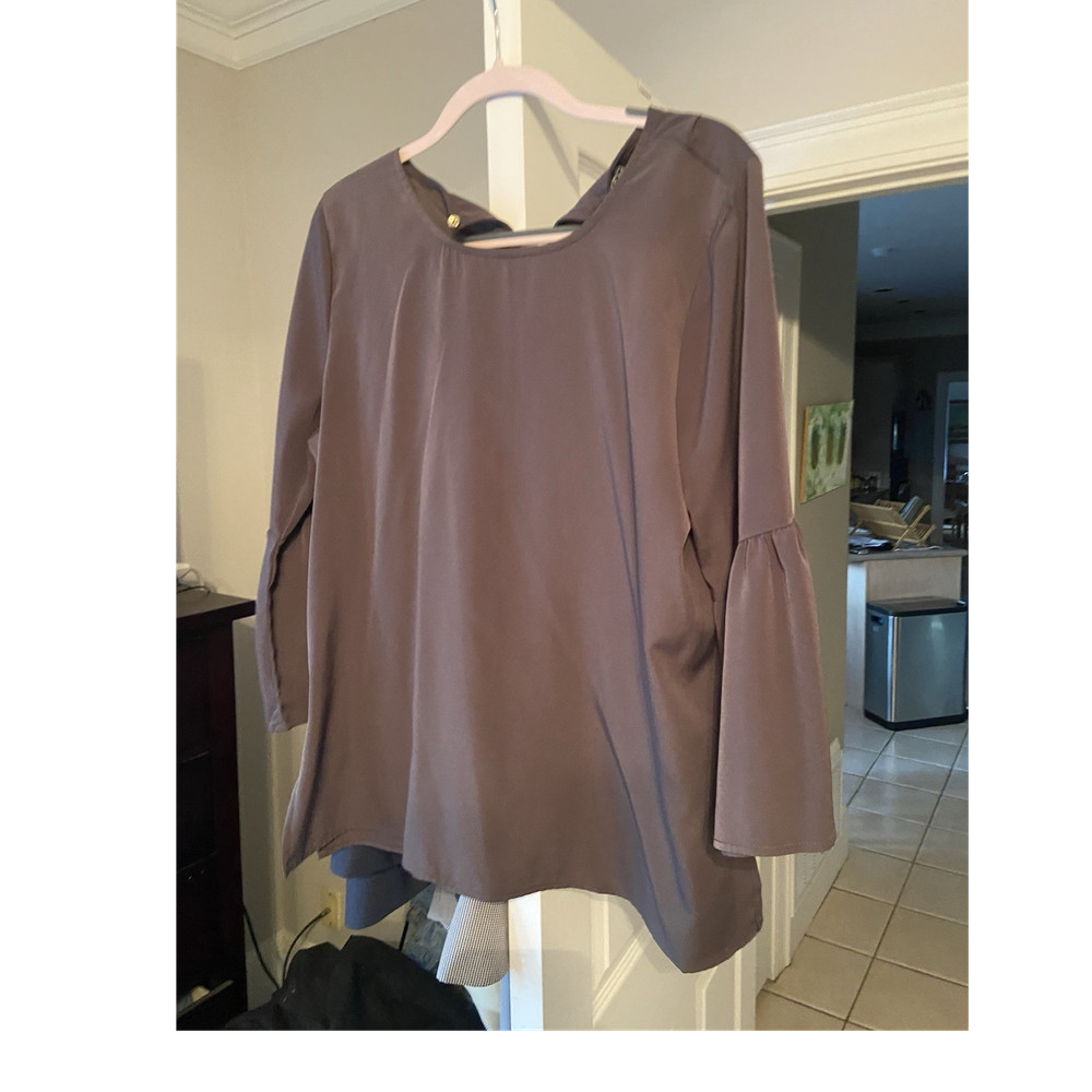 Bobeau Women's Purple Solid Round Neck Ruffle Bell Sleeve Blouse Pullover XL