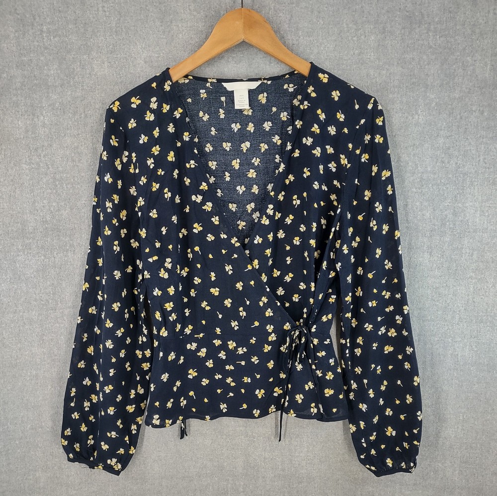 H&M Top Womens 8 Black Rayon Floral Long Sleeve Wrap Blouse
