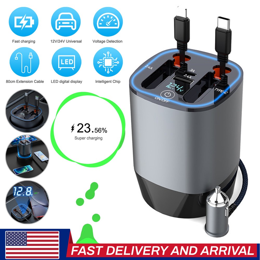100W 4-in-1 Retractable Fast Car Charger with USB-C Cable for Phones and More  
