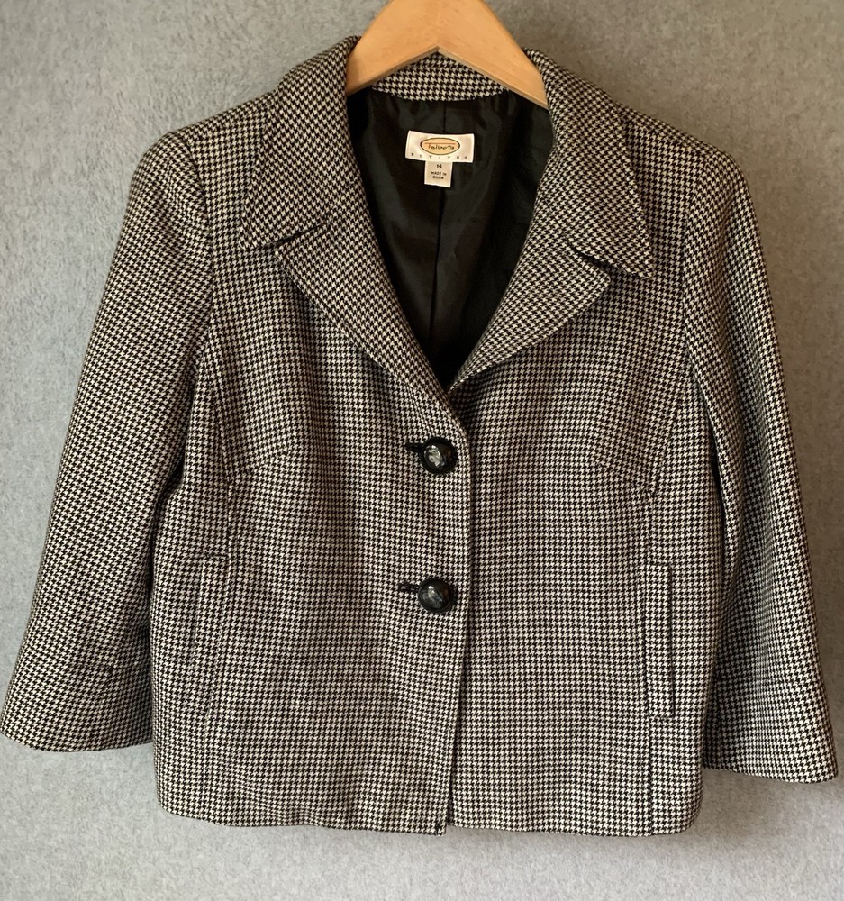 VTG Talbots Petites Wool Houndstooth Jacket Cropped Blazer Black White Academia