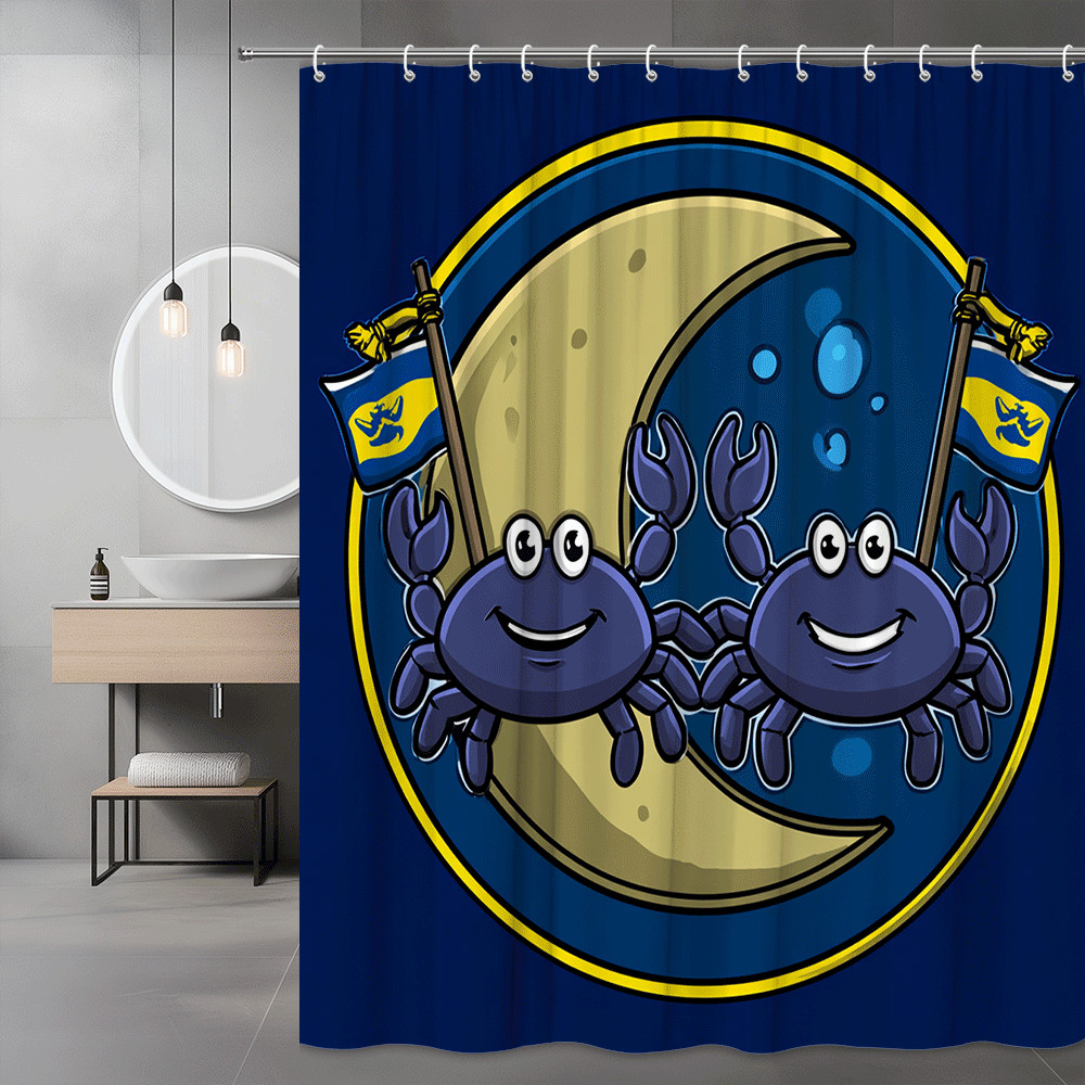 Cute Crab Moon Shower Curtain, Blue Nautical Cartoon Print