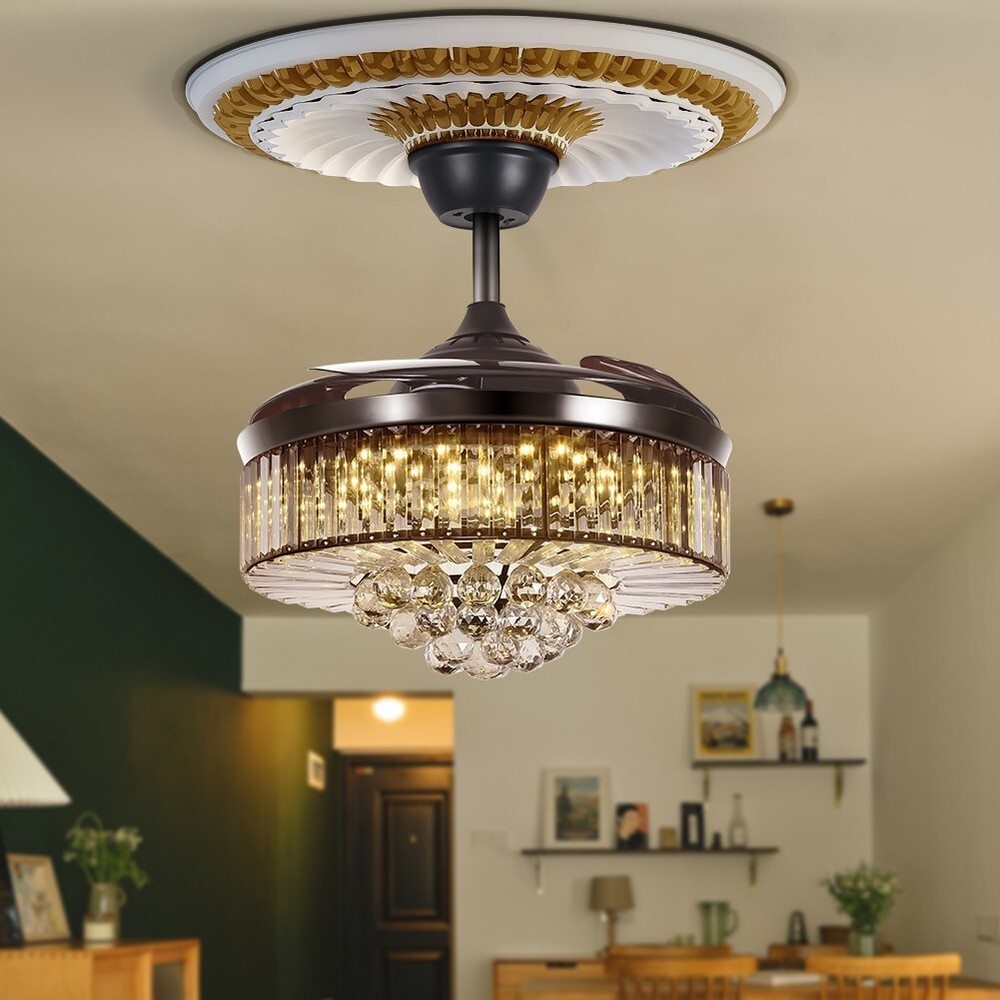 42” Fandelier Ceiling Fans Lights with Remote, Modern Black Crystal Chandeliers