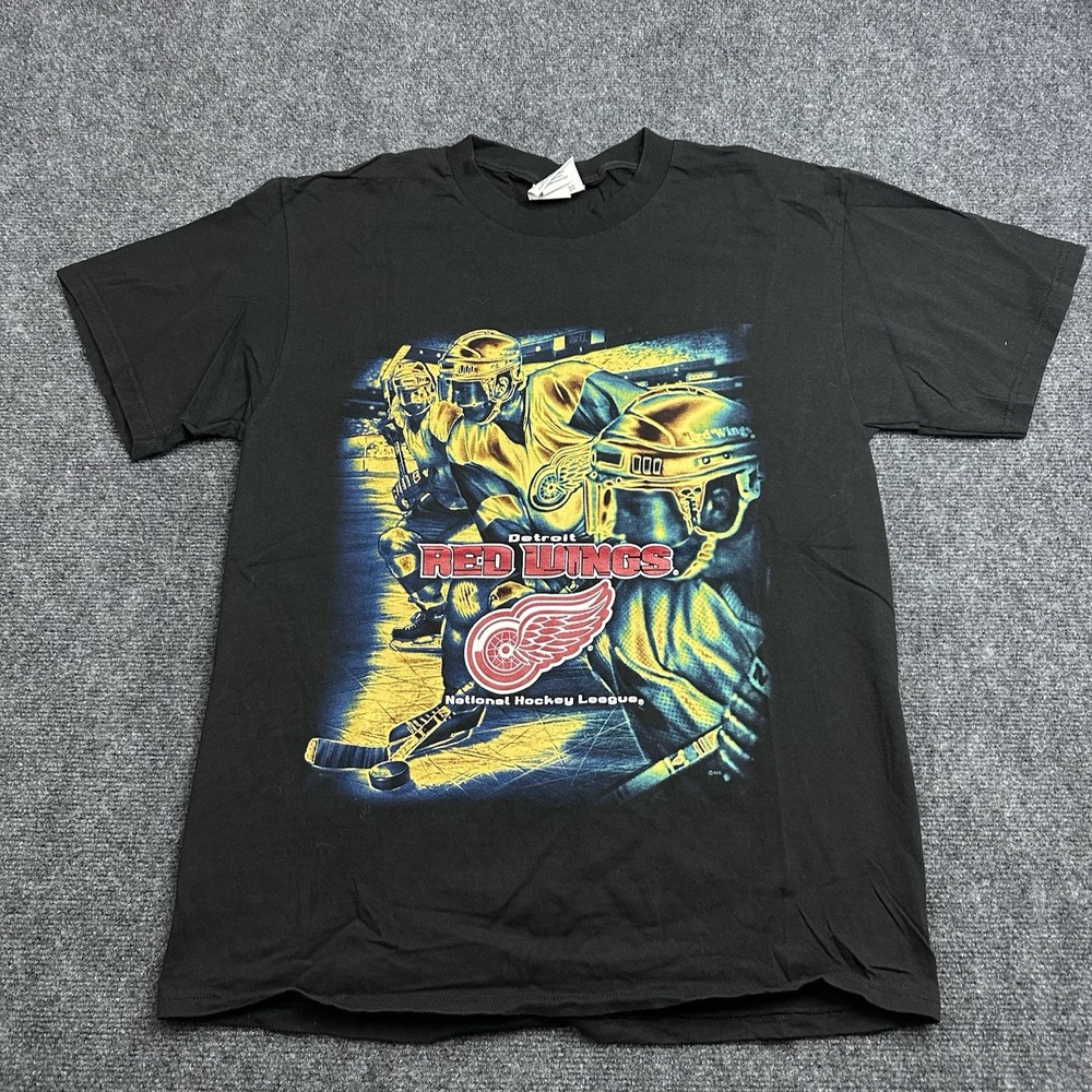 VTG 90s Detroit Red Wings Graphic T-Shirt Sz L Black Hockey Infrared Nutmeg Lee